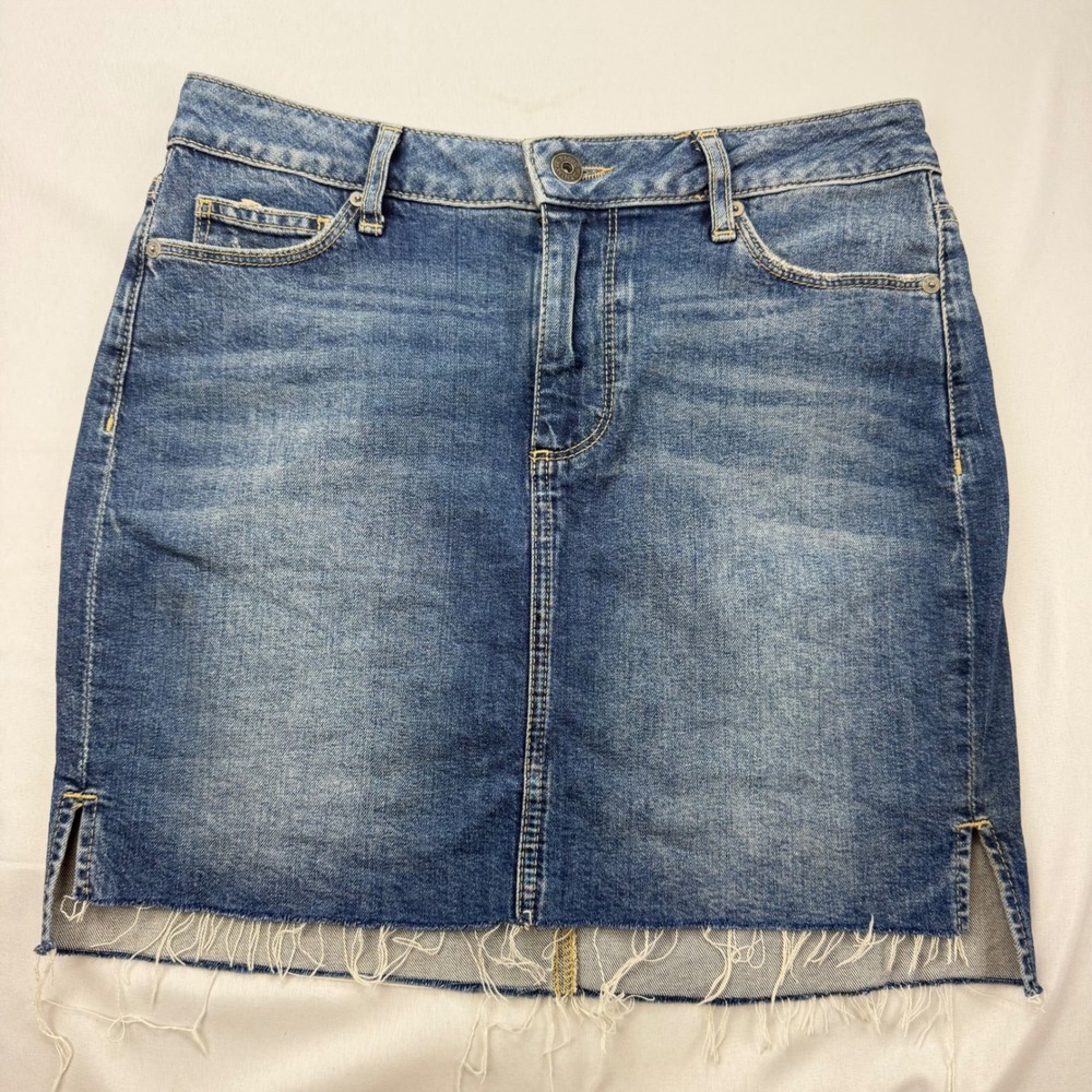 PAIGE Denim Mini Skirt Women 27 Blue Dorian Raw Hem Side Slits 3329A65-3633